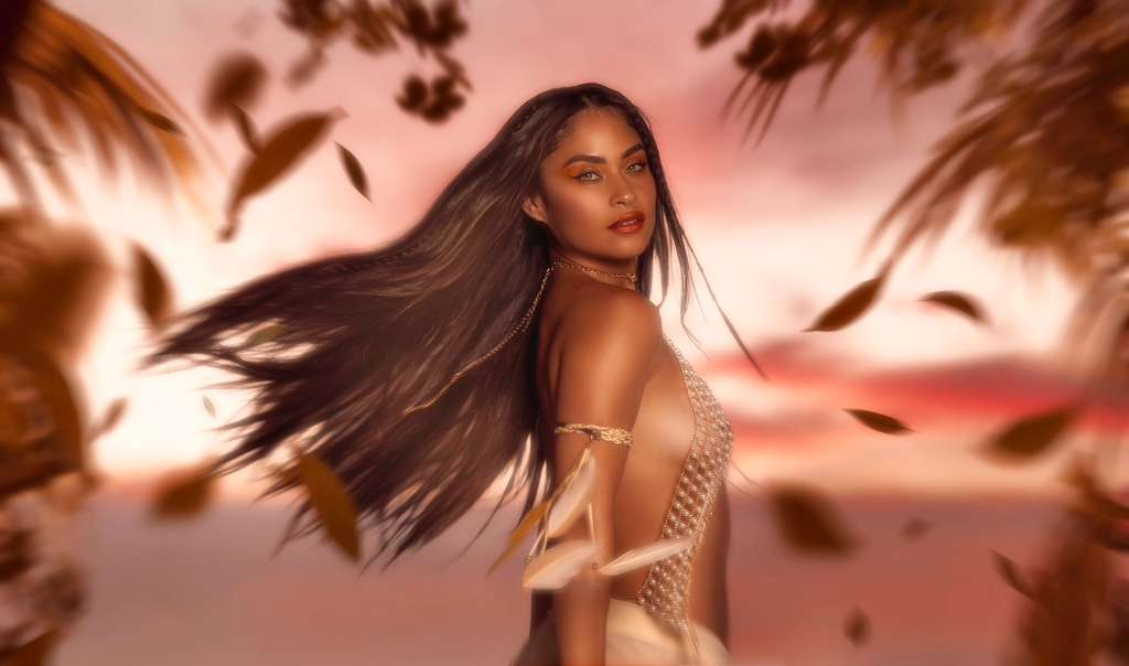 Viviana with flowing hair and autumn leaves